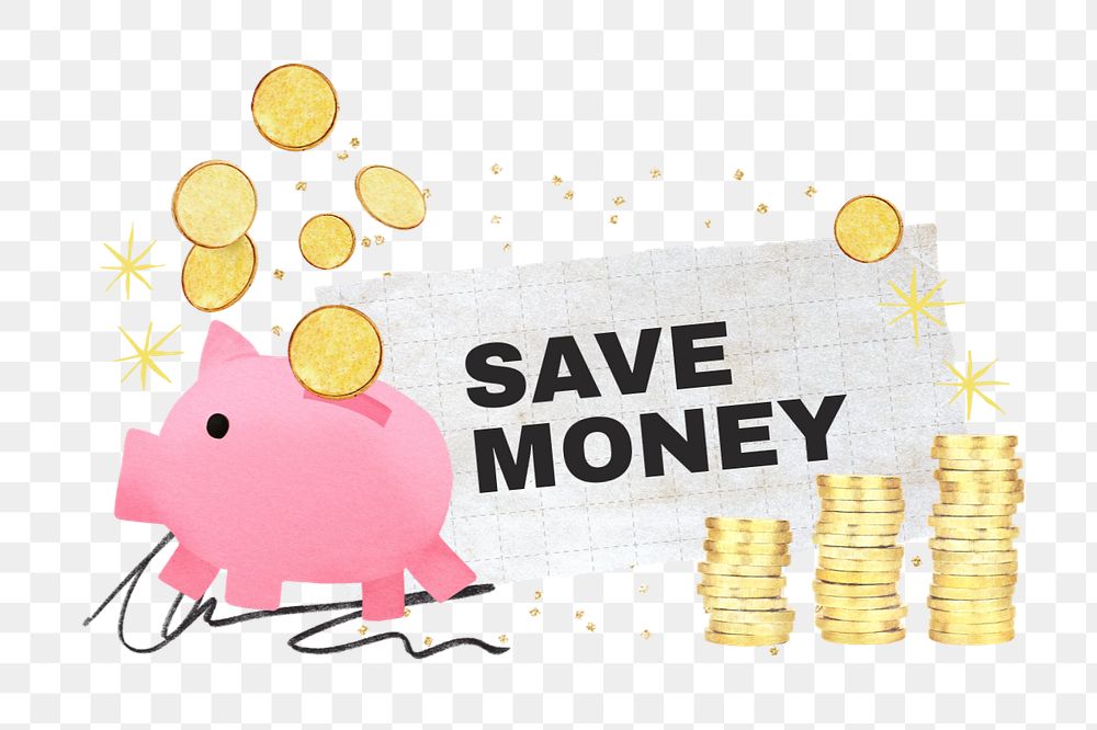 Save money word, editable piggy bank collage element design