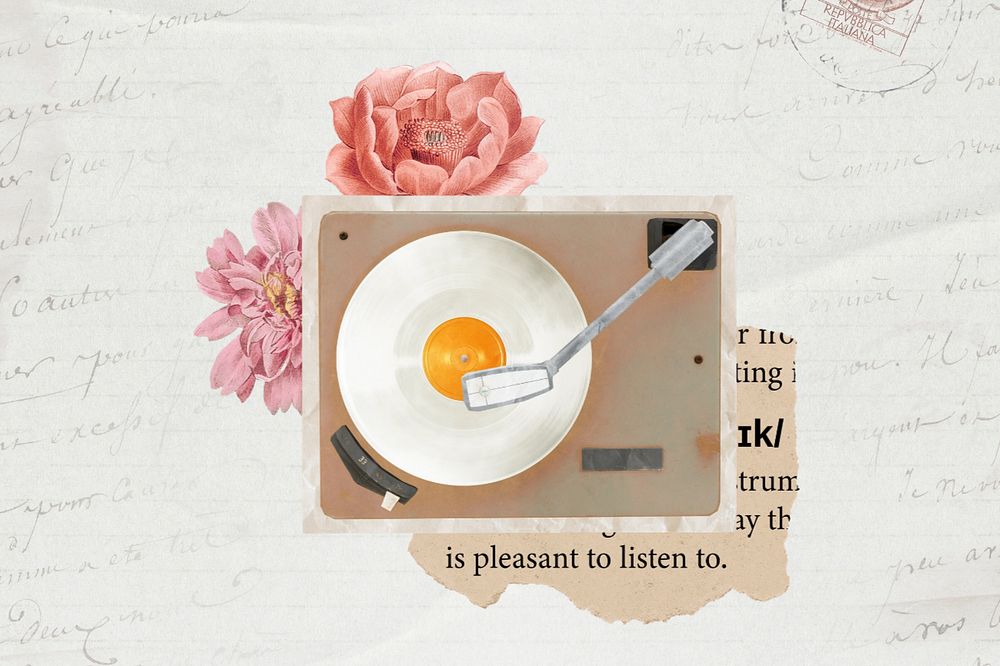 Editable vinyl record player, music floral aesthetic collage design