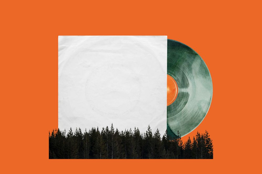 Green vinyl record, editable music and nature collage design