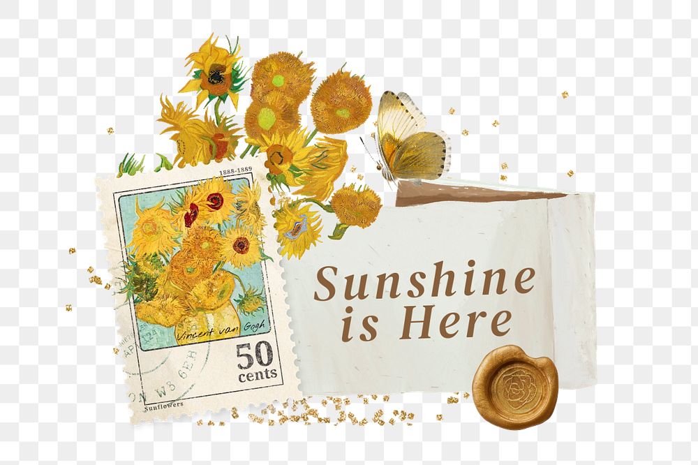 Sunshine is here words element, editable Van Gogh's Sunflowers notepaper collage design