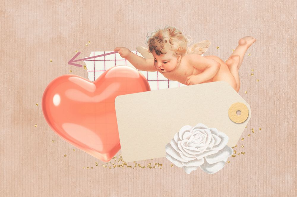 Valentine's paper label note, editable cupid collage design