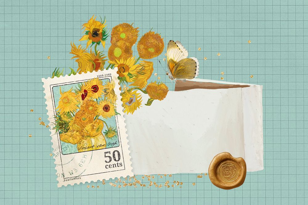 Van Gogh's Sunflowers note paper, editable collage, remixed by rawpixel