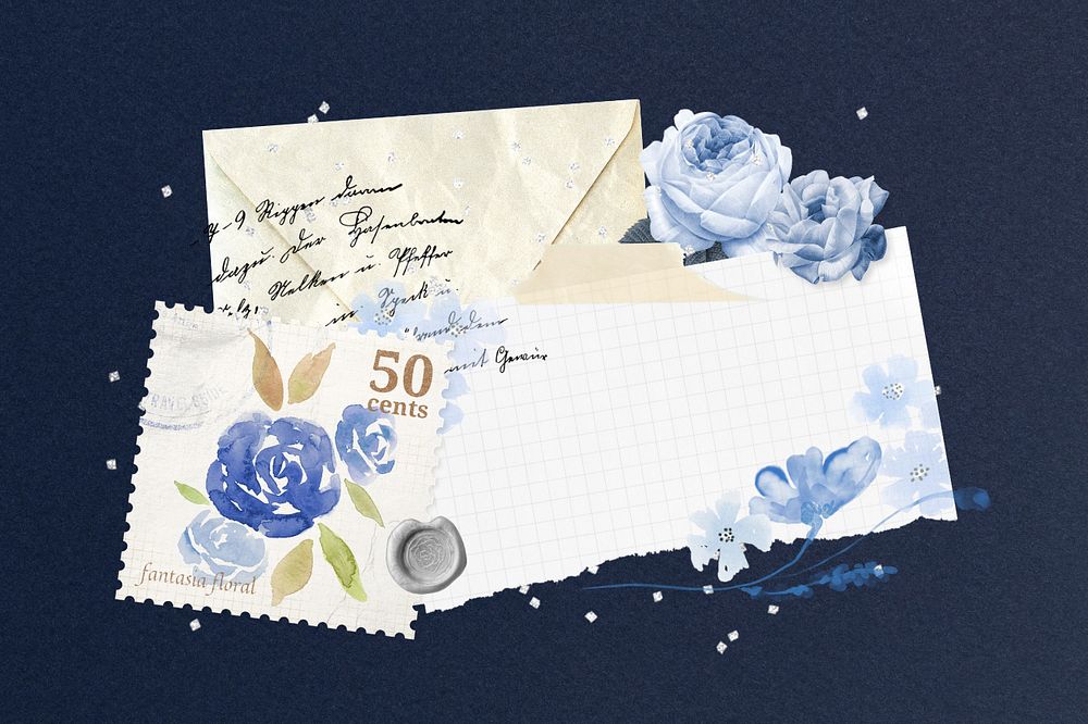 Blue rose stamp, editable postal collage element design