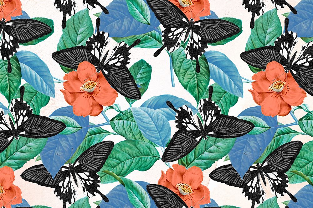 Butterfly botanical seamless pattern background, exotic nature background remix from The Naturalist's Miscellany by George…