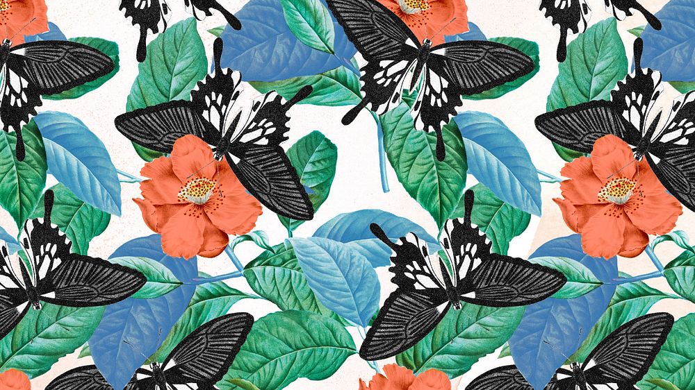 Butterfly seamless pattern computer wallpaper, editable George Shaw's exotic flower design