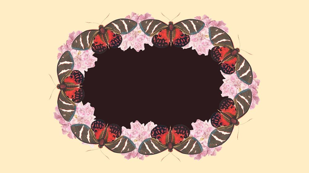 Butterfly frame computer wallpaper, beige background, editable vintage design