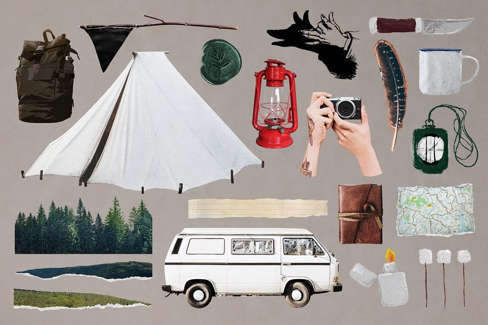 Aesthetic camping travel editable collage element design set