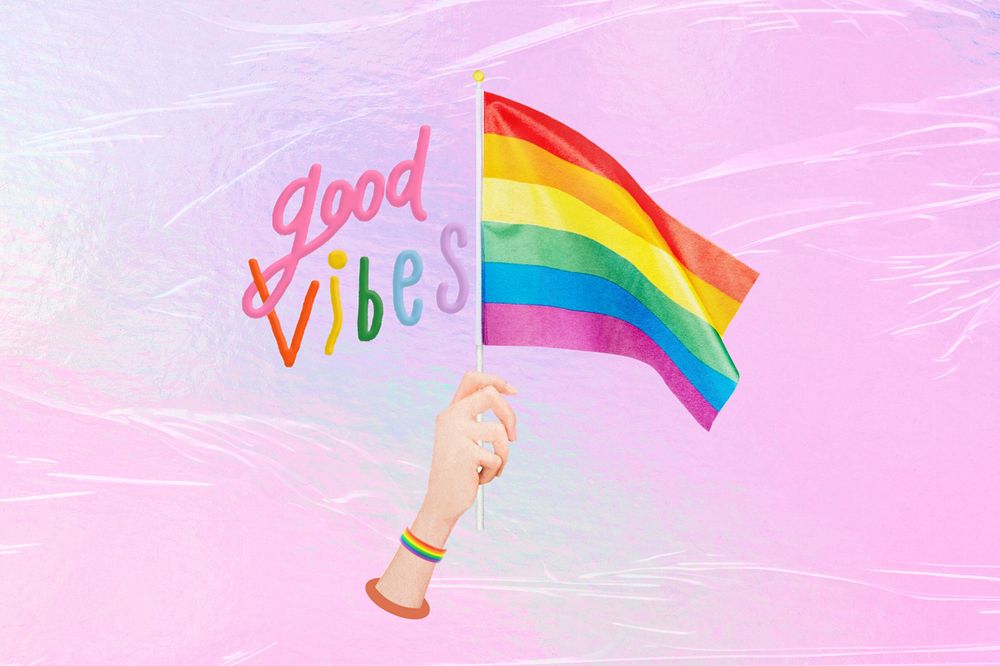 Editable good vibes word, hand waving LGBTQ pride flag collage design