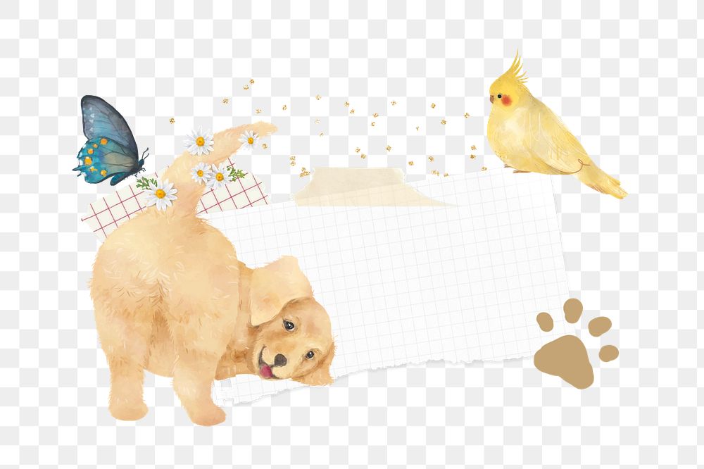 Editable ripped paper element, cute Golden Retriever dog and bird collage design