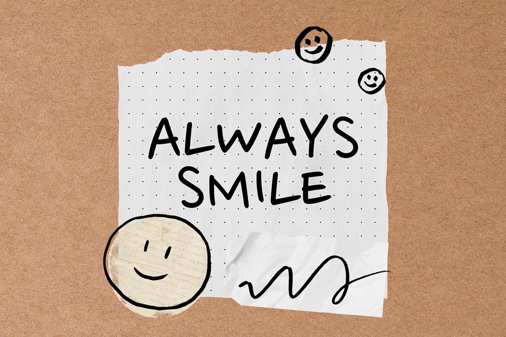 Doodle emoticon note paper, editable always smile word design