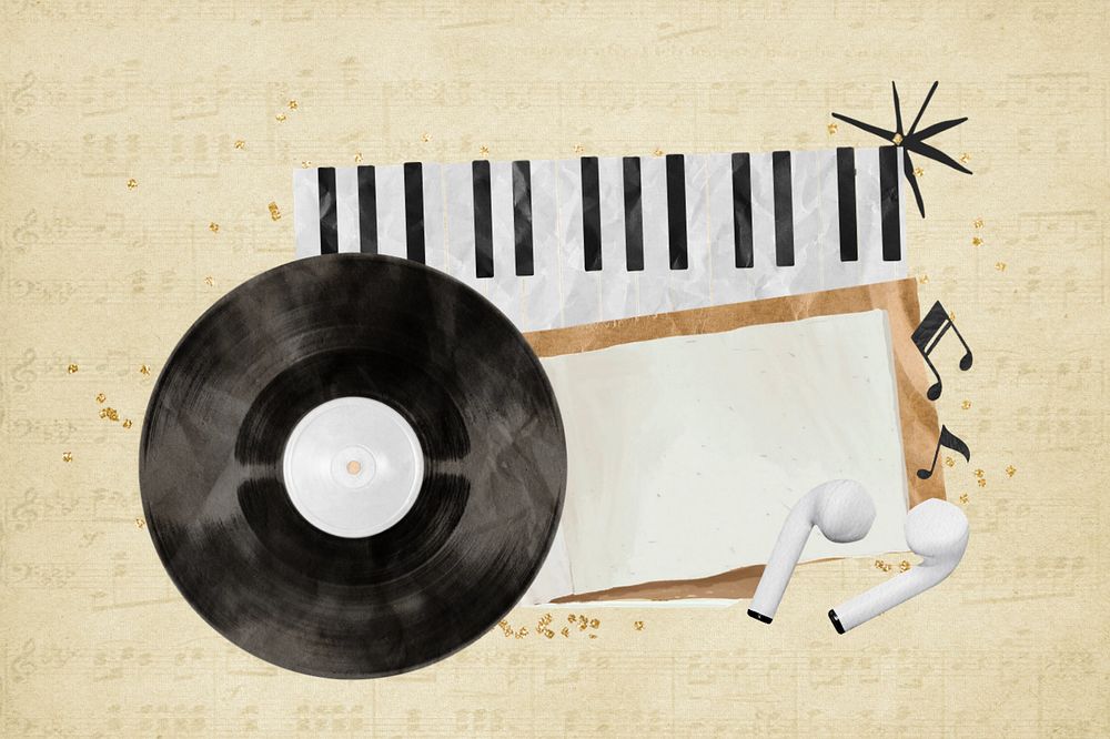 Editable retro music, vinyl record and earphones paper collage design