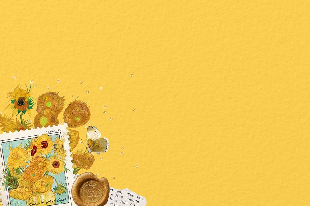 Van Gogh's Sunflowers yellow background, editable vintage flower painting, remixed by rawpixel