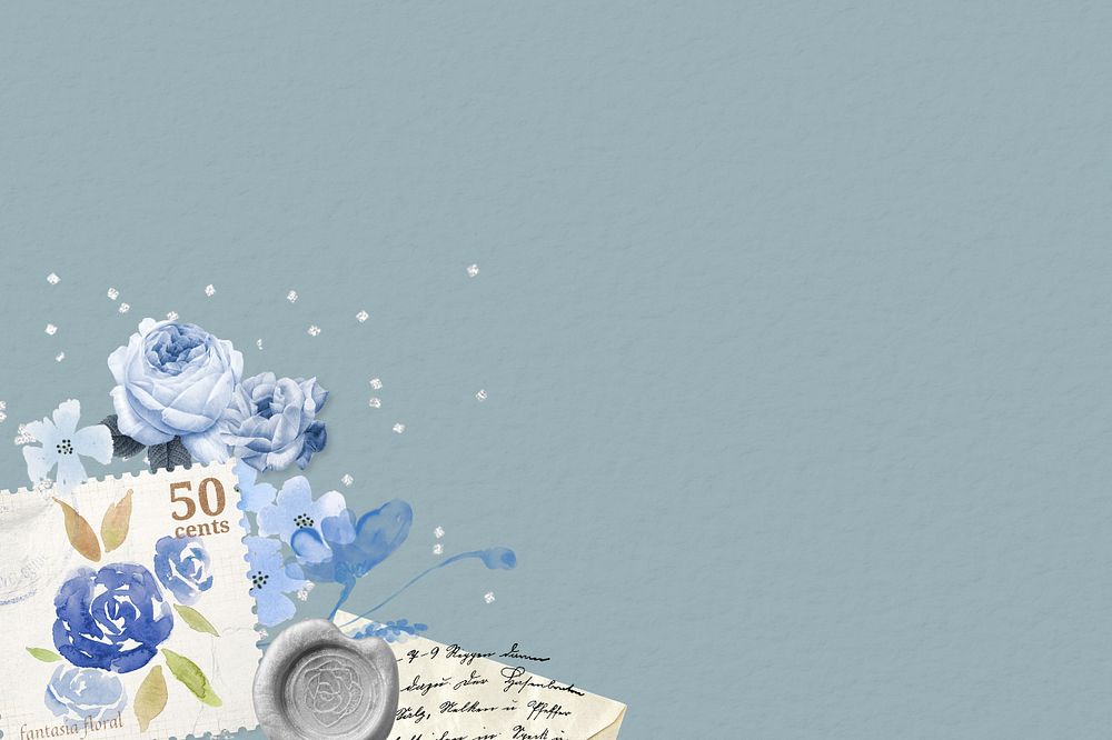 Vintage blue rose postal background, editable collage element remix design