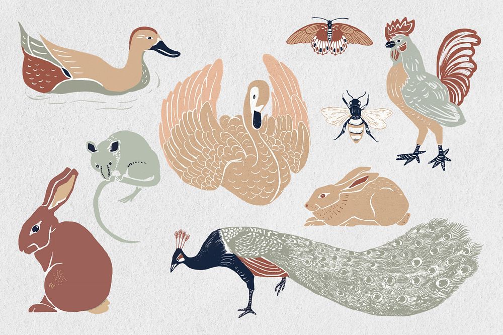 Vintage wild animals illustration collage element set