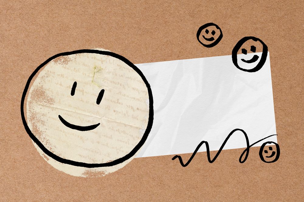 Editable wrinkled note paper, cute emoticon doodle design