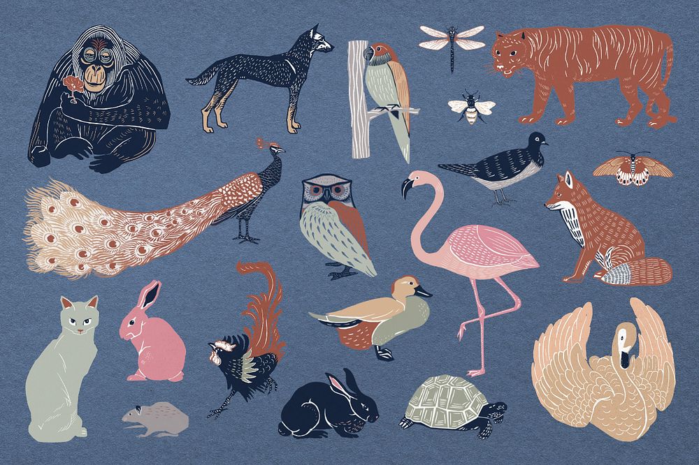 Aesthetic wildlife illustration collage element set