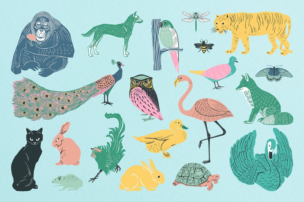 Pastel wildlife illustration collage element set