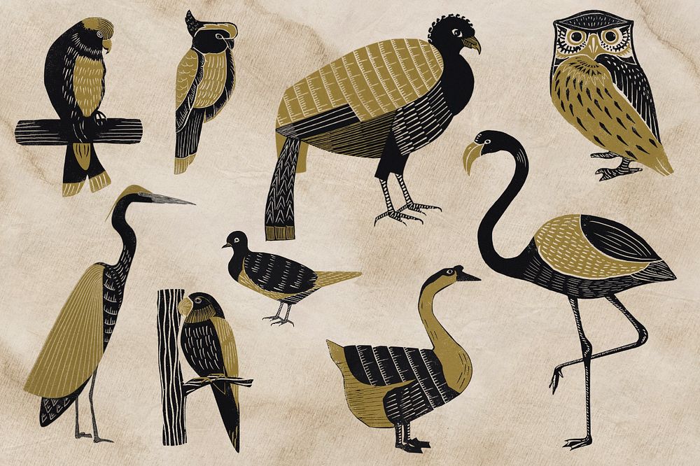 Gold birds illustration collage element set