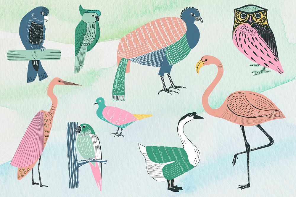 Pastel birds illustration collage element set