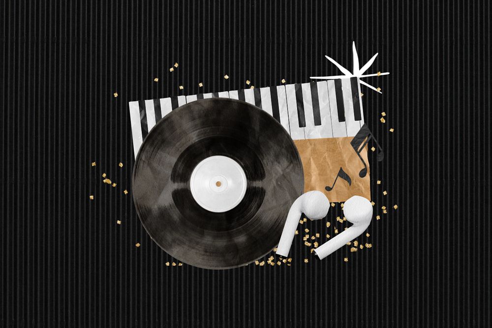 Editable retro music aesthetic, vinyl record and earphones paper collage design