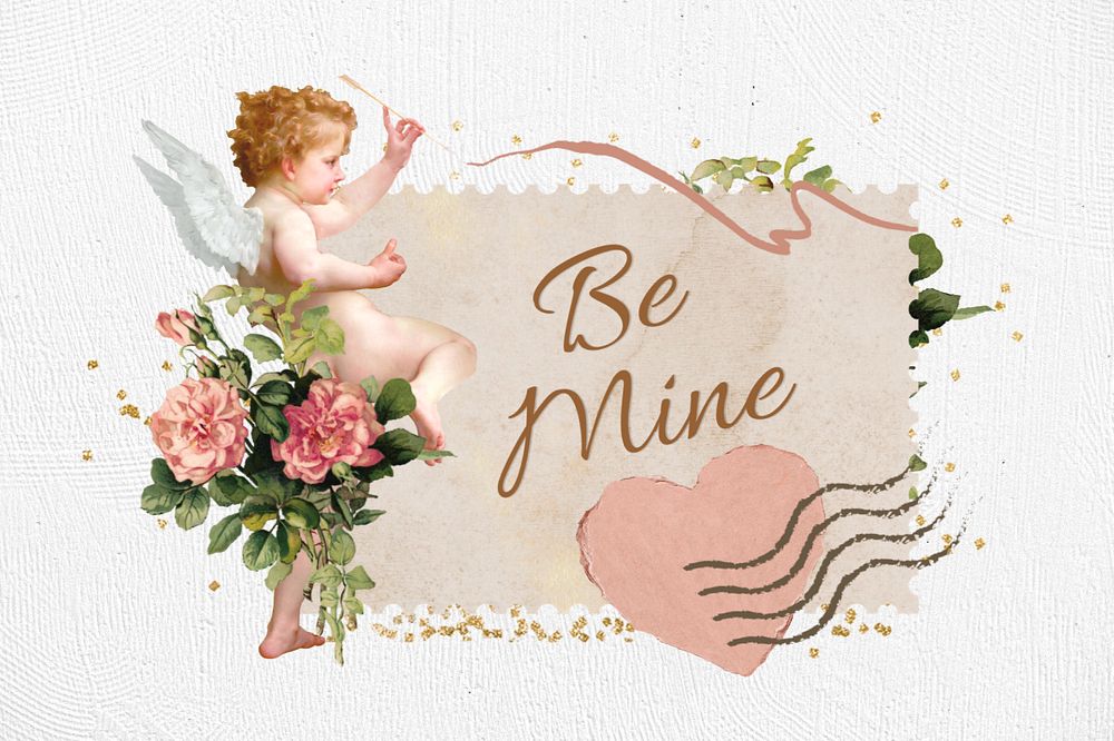 Valentine's be mine postage stamp, editable vintage collage design