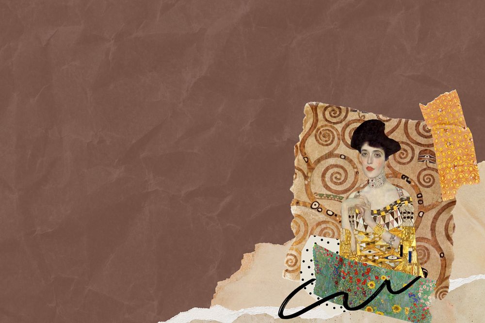 Wrinkled brown paper background, editable Gustav Klimt's famous painting border design, remixed by rawpixel