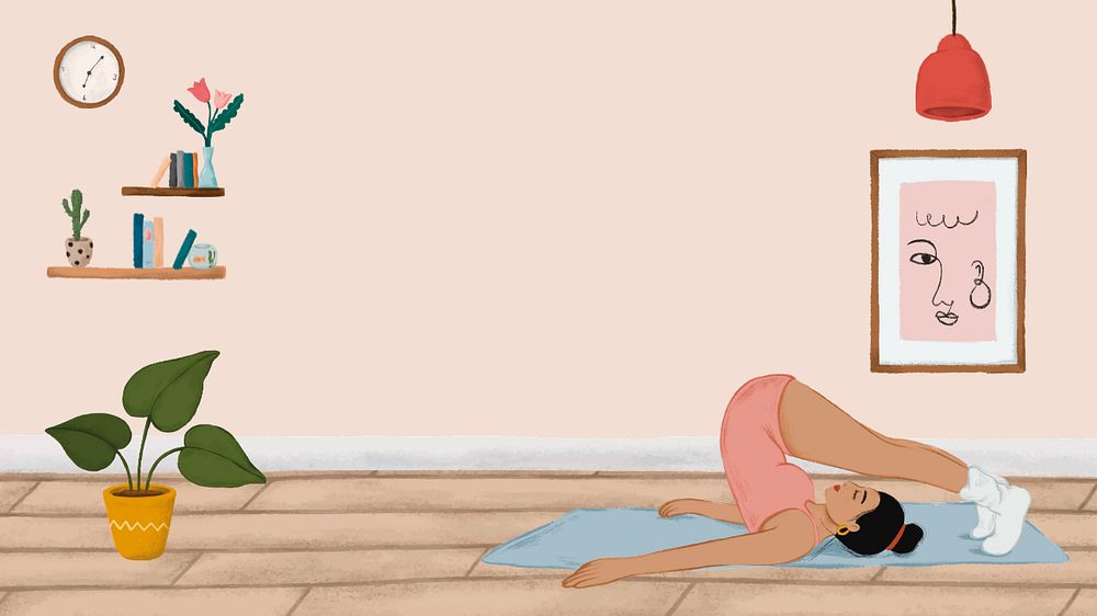 Woman doing yoga computer wallpaper, aesthetic wellness illustration, editable design