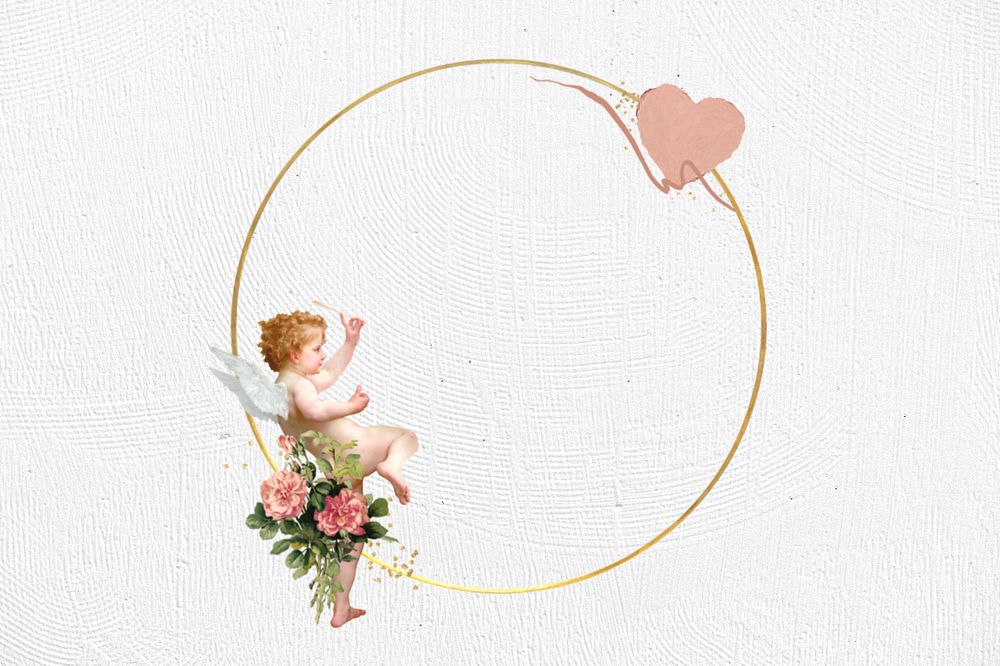 Valentine's gold round frame, editable cupid heart collage design