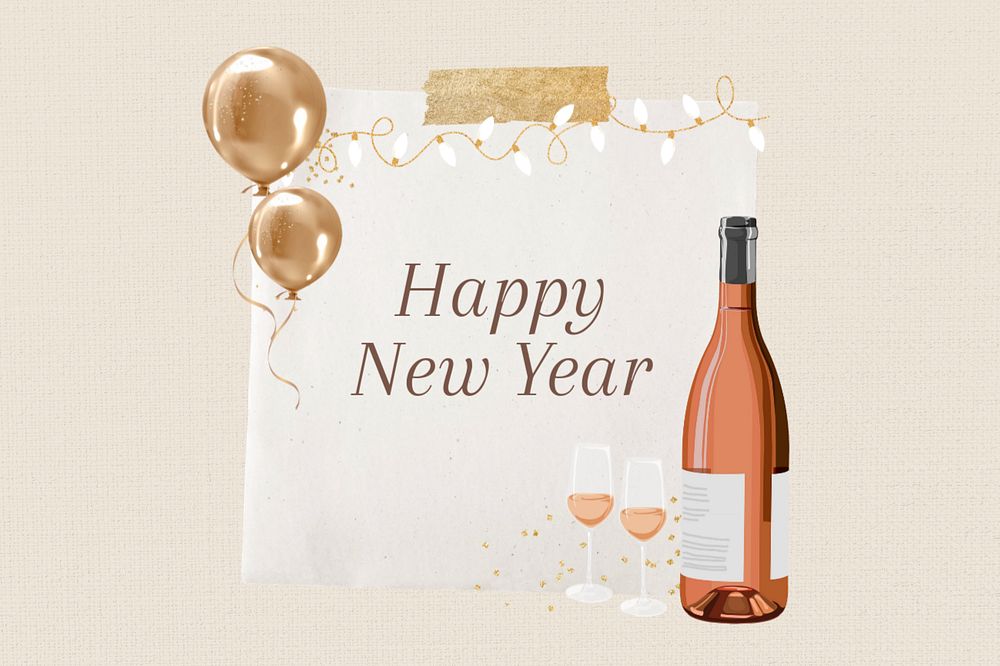 Happy New Year notepaper, editable champagne bottle collage design