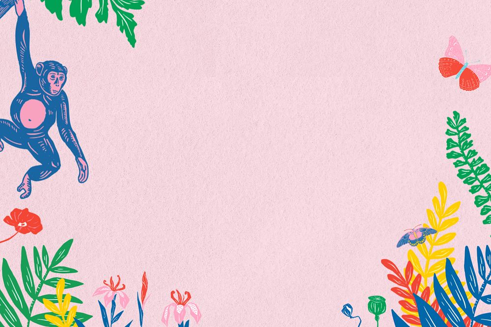 Monkey botanical pink background, wildlife illustration