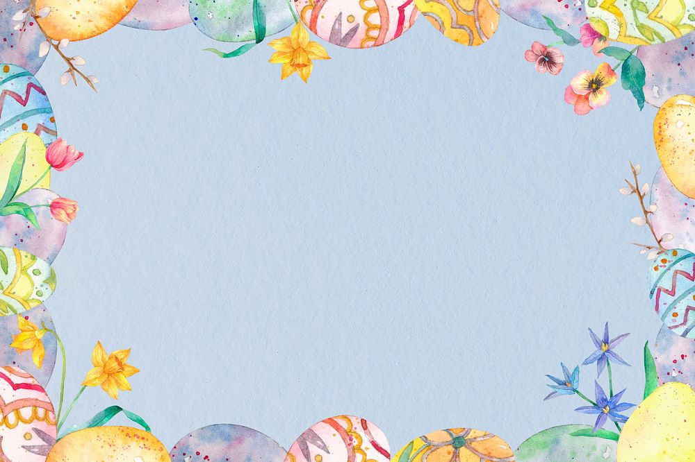 Colorful Easter frame, blue background, editable watercolor design