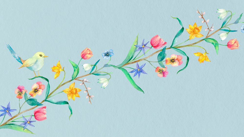 Colorful flower, blue desktop wallpaper, editable watercolor design