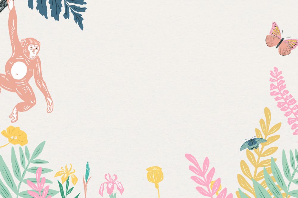 Monkey botanical border background, animal illustration