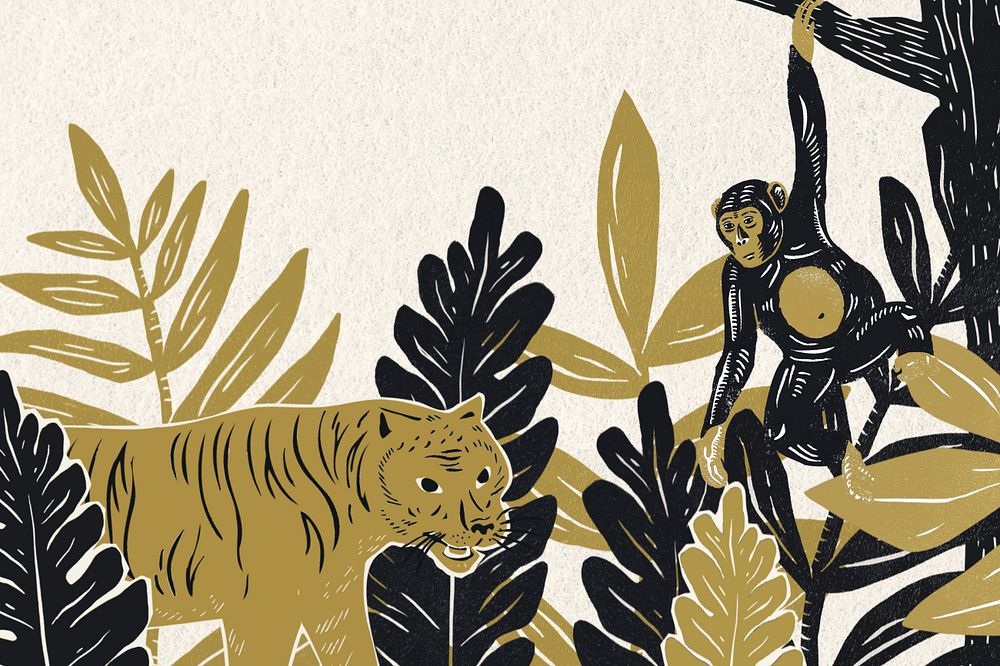 Gold wildlife botanical background, tiger monkey illustration