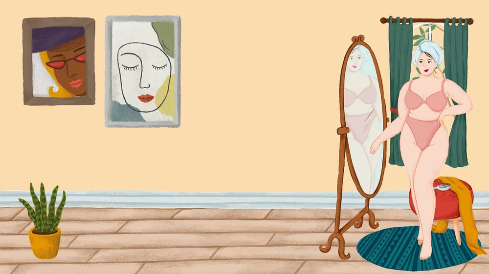 Aesthetic self-love desktop wallpaper, woman looking at mirror illustration, editable design