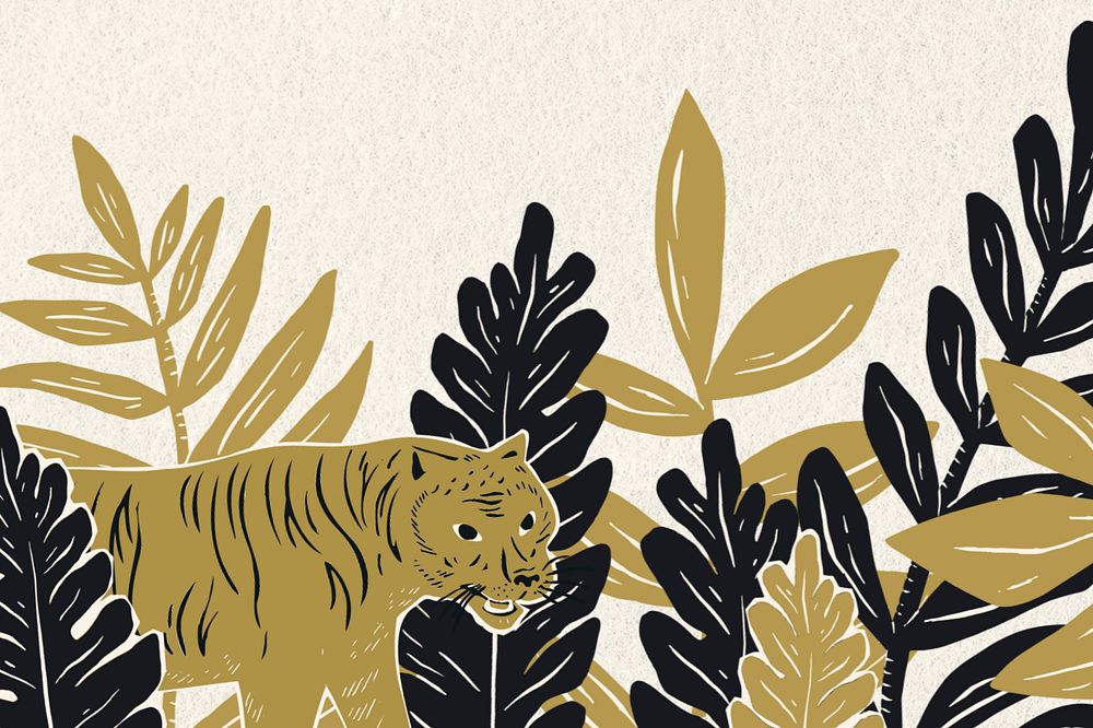 Gold tiger botanical border background, animal illustration