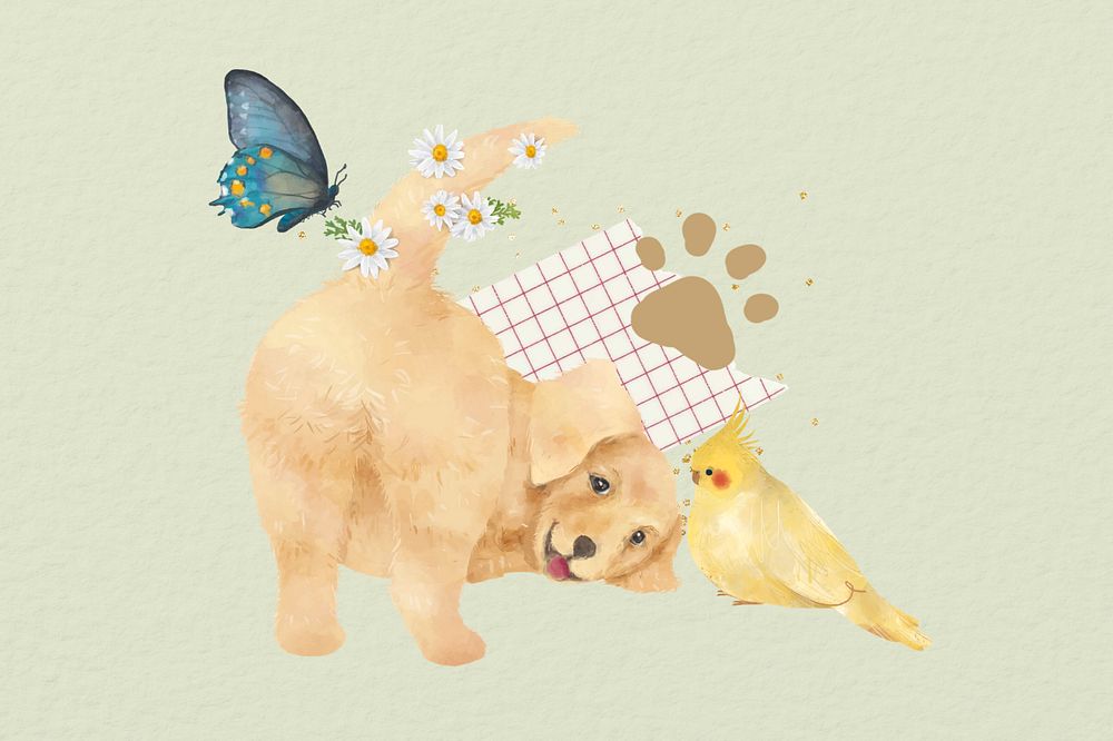 Editable playful Golden Retriever and bird collage design