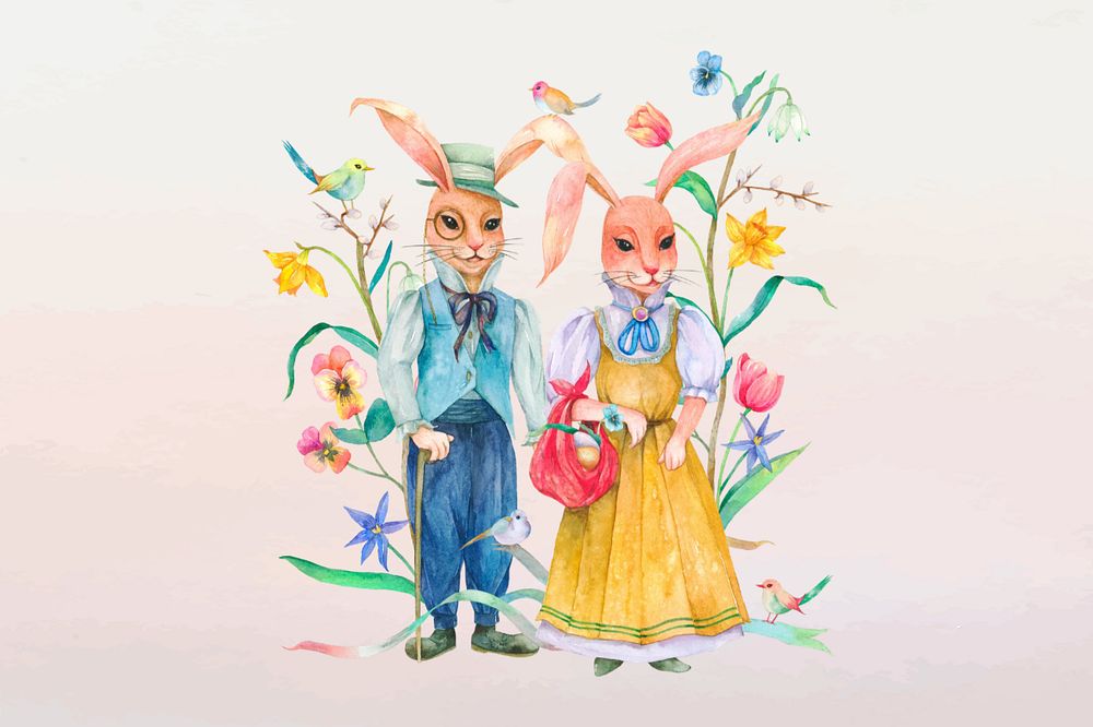 Vintage rabbit characters, pink background, editable spring watercolor design