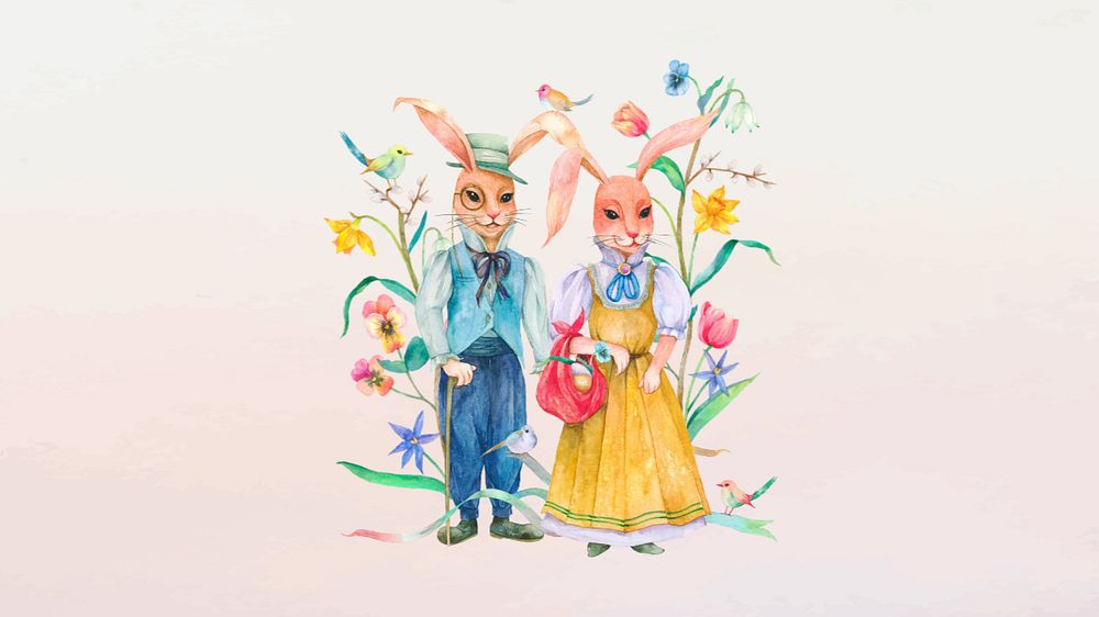 Rabbit characters, flowers desktop wallpaper, editable watercolor design