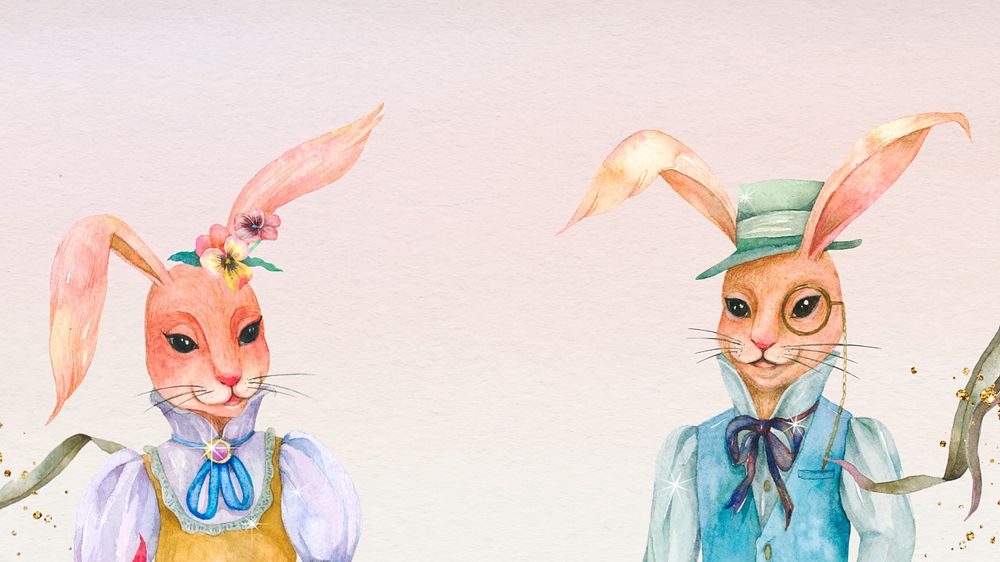 Vintage rabbit characters desktop wallpaper, editable pink watercolor background