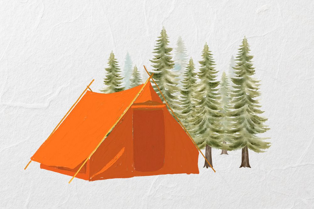 Orange camping tent, editable travel collage design