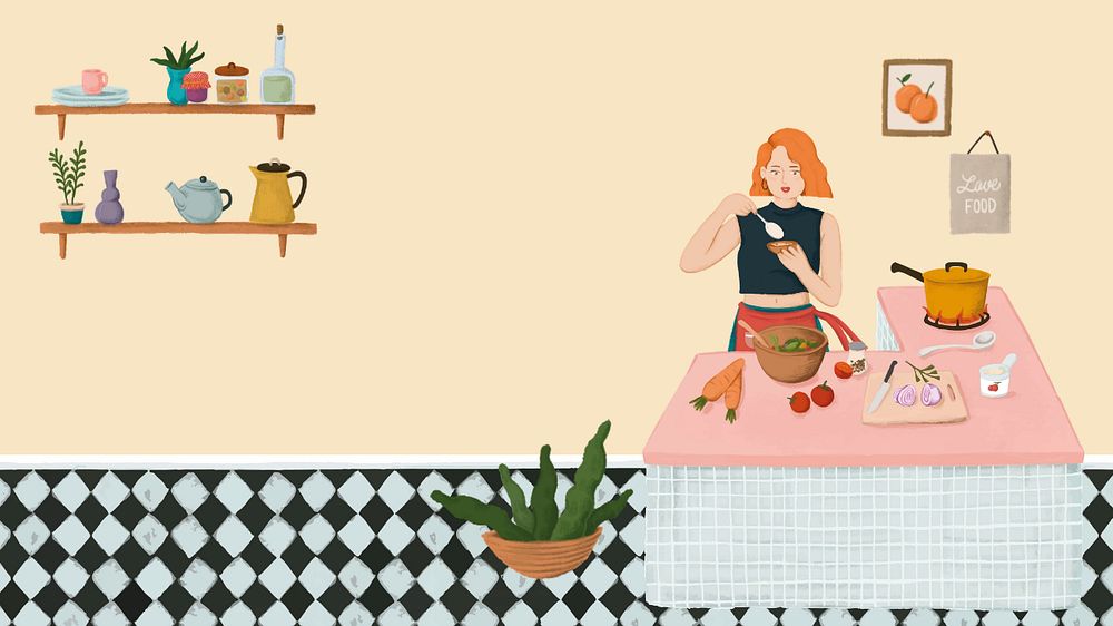 Cooking woman desktop wallpaper, feminine illustration, editable design