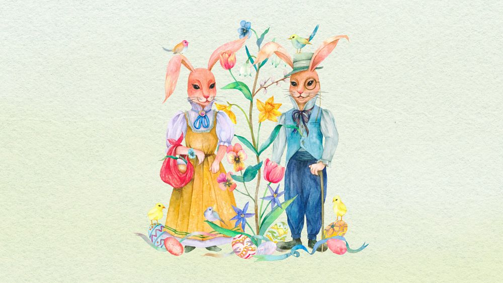 Colorful rabbit characters desktop wallpaper, editable watercolor illustration 