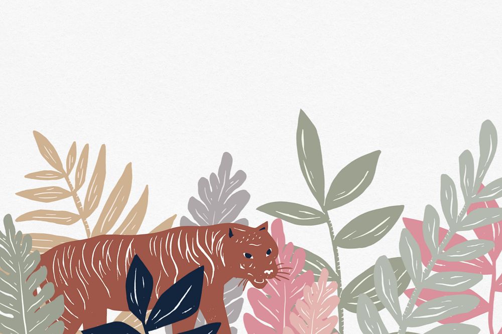 Botanical tiger border background, animal illustration