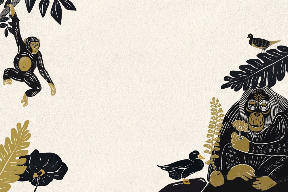 Monkey border background, botanical wildlife illustration