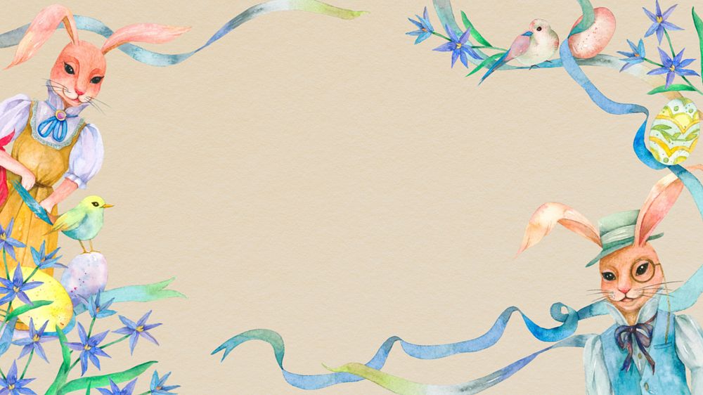 Spring rabbit characters desktop wallpaper, editable beige watercolor background