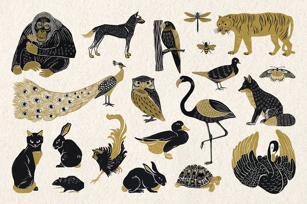 Gold wild animals illustration clipart set