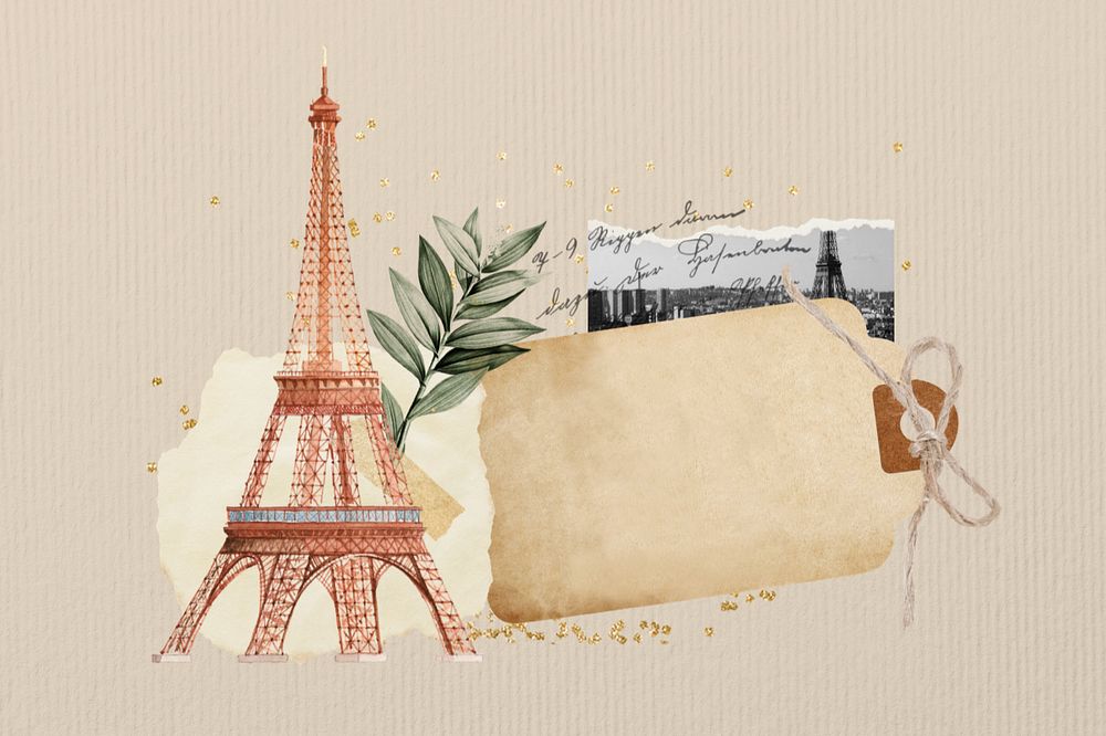 Editable travel tag, aesthetic Eiffel Tower collage design