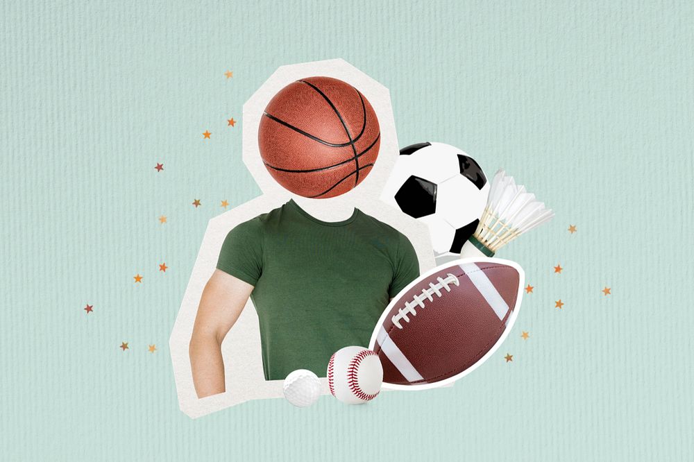 Sportive man, editable basketball head collage design