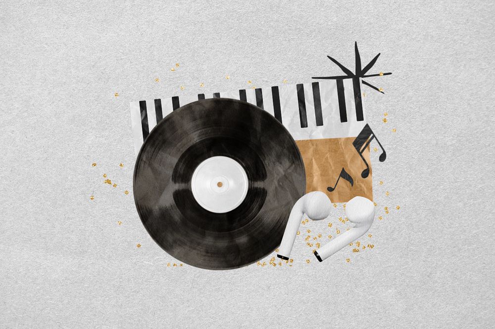 Retro music aesthetic, editable vinyl record and earphones paper collage design